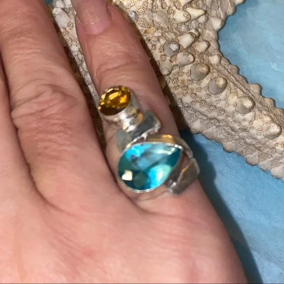 Sold * Blue Tourmaline + Honey Citrine statement ring - Picture 4 of 7
